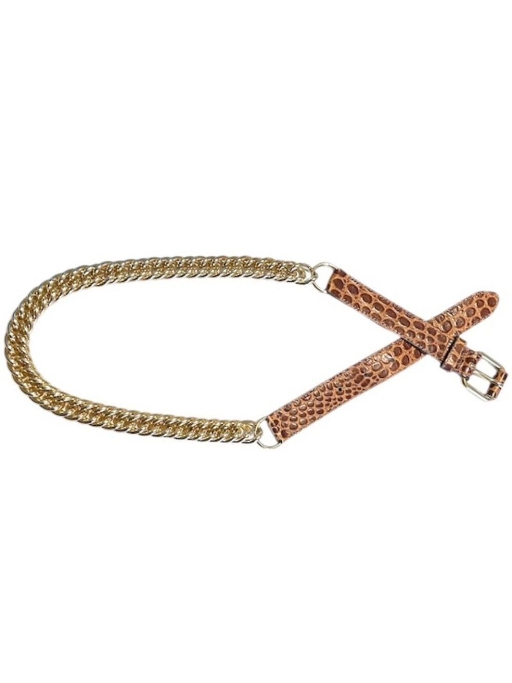 AXCESS Brown Croc Embossed Leather and Gold Chain Belt Made in Italy Medium